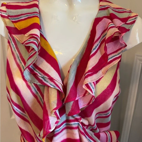 Lauren Ralph NWTS Multi Pink Sleeveless Ruffle Wrap Top Deep Vneck Size Small - Picture 3 of 12